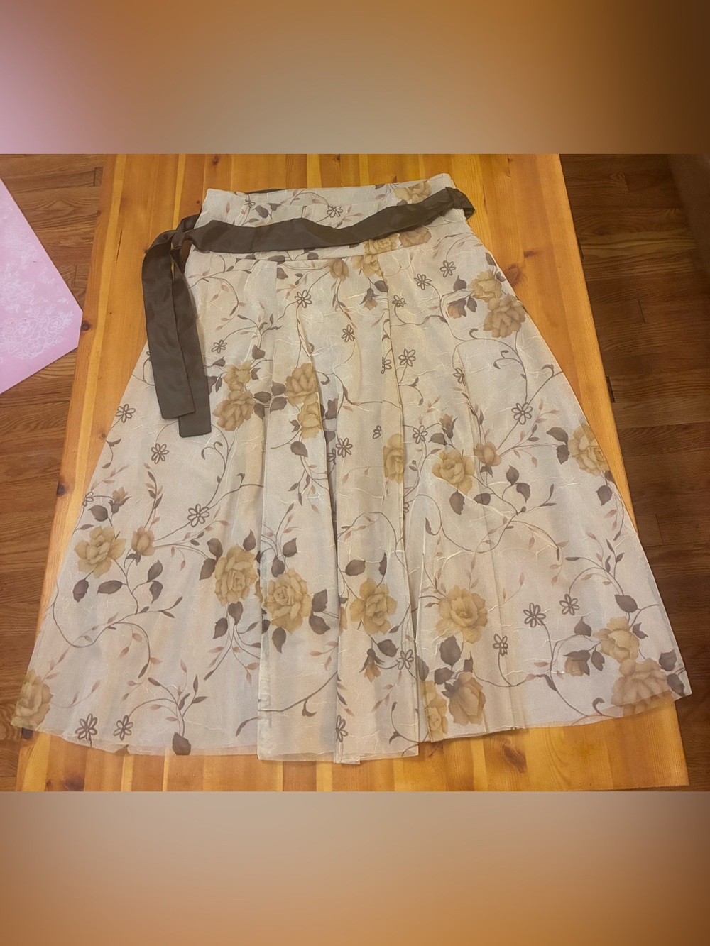Cream Floral A-Line Midi Skirt with Brown Waist Sash